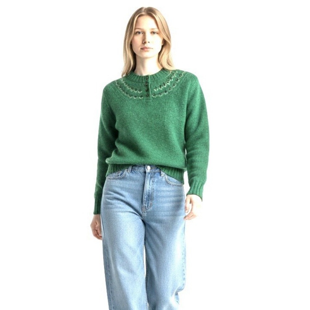 Deans of Scotland Shetland Wool Fair Isle Sweater Size 34 US S Kelly Green